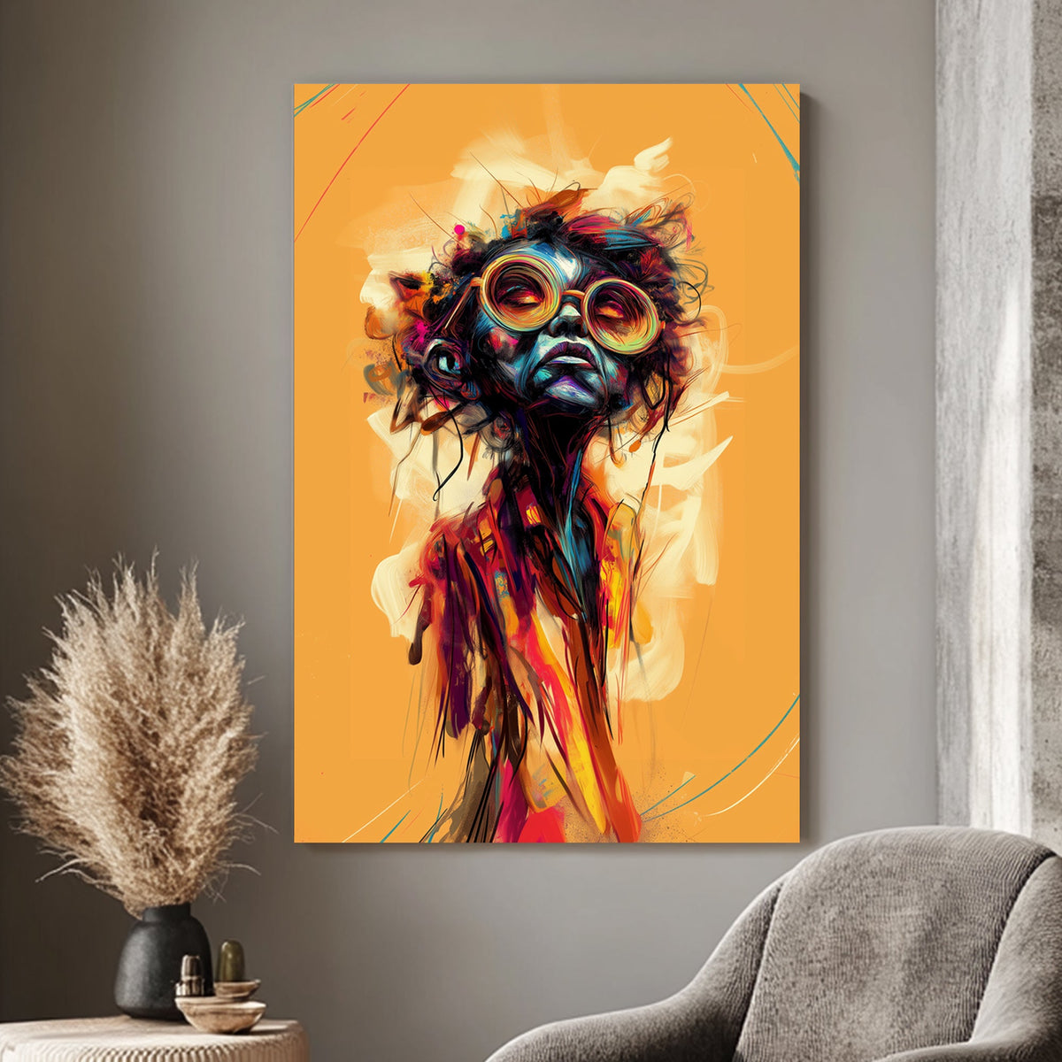 Abstract portrait of a figure with multi-colored glasses, featuring vibrant splashes of blue, orange, and red against a textured background.