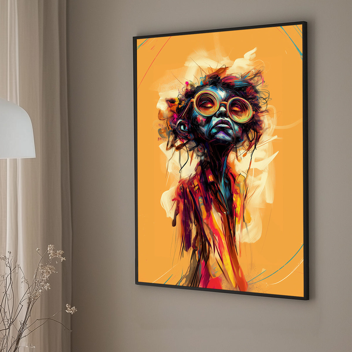 Abstract portrait of a figure with multi-colored glasses, featuring vibrant splashes of blue, orange, and red against a textured background.