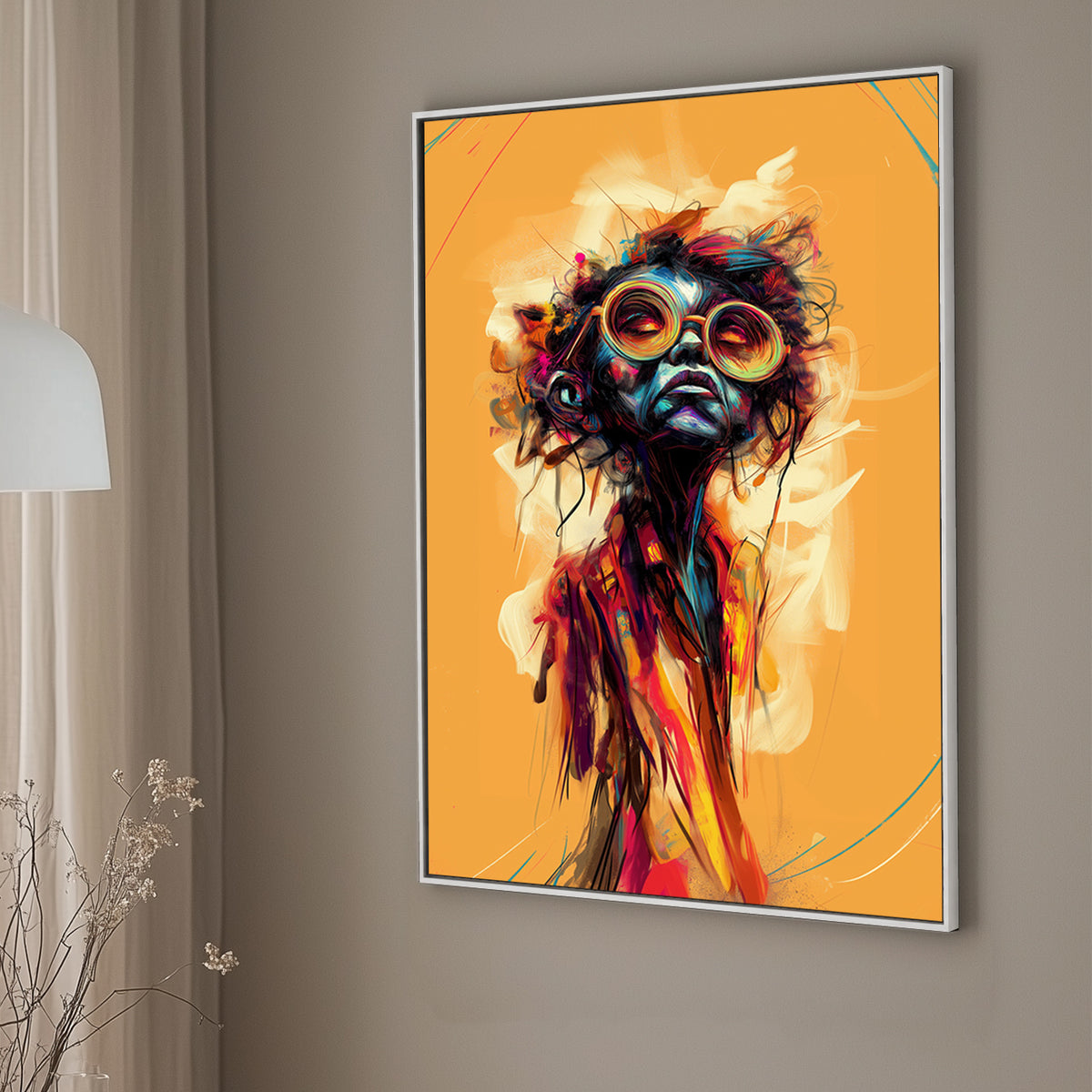 Abstract portrait of a figure with multi-colored glasses, featuring vibrant splashes of blue, orange, and red against a textured background.
