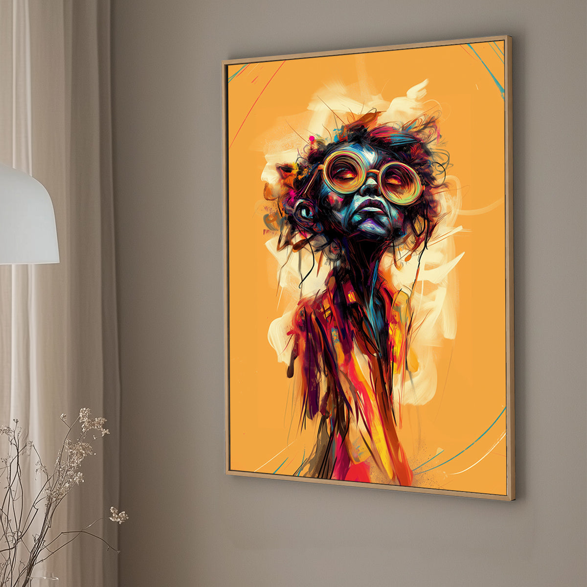 Abstract portrait of a figure with multi-colored glasses, featuring vibrant splashes of blue, orange, and red against a textured background.