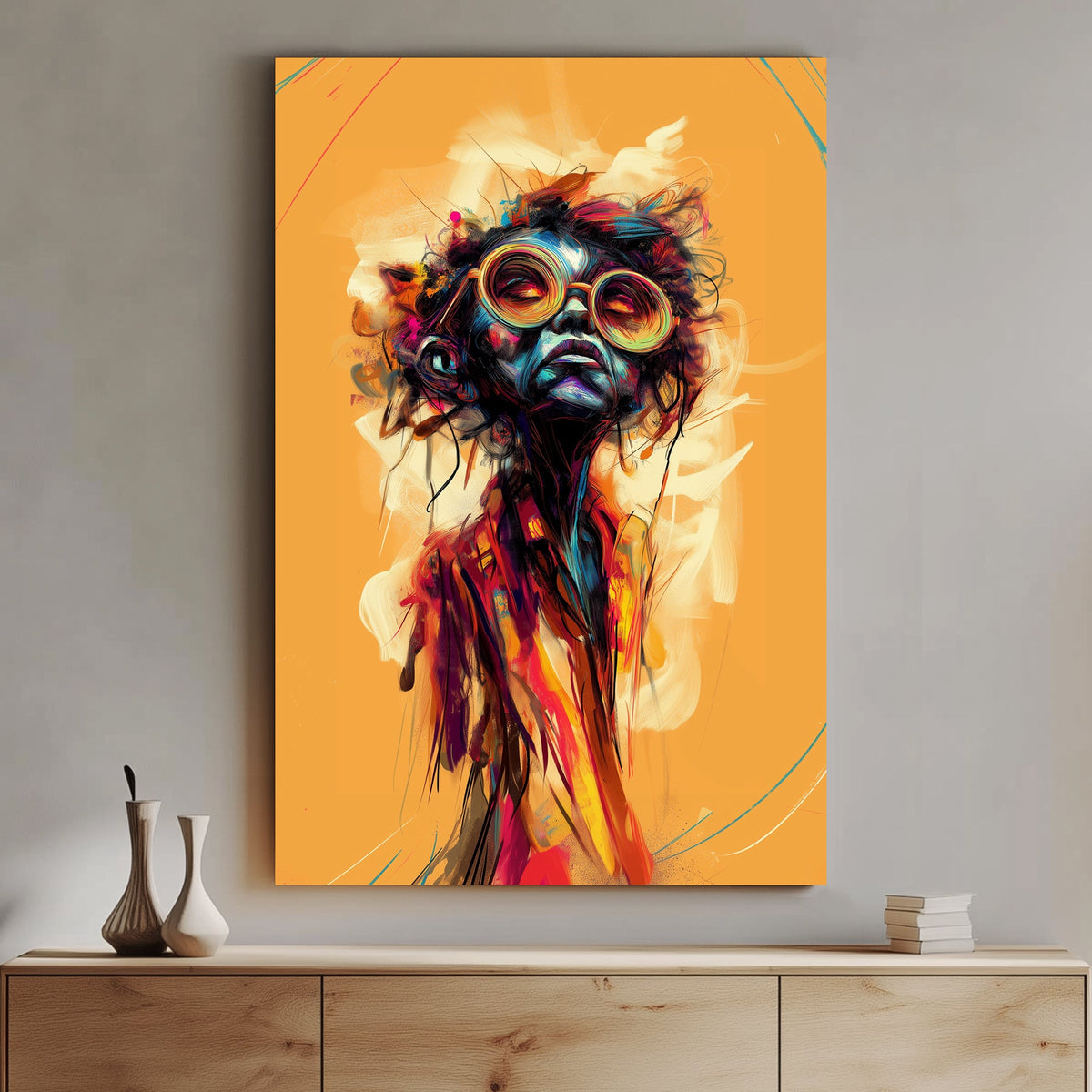 Abstract portrait of a figure with multi-colored glasses, featuring vibrant splashes of blue, orange, and red against a textured background.