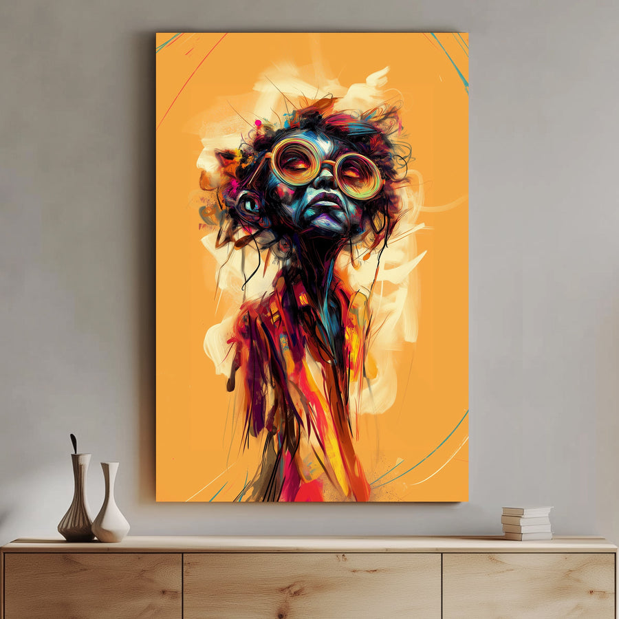 Abstract portrait of a figure with multi-colored glasses, featuring vibrant splashes of blue, orange, and red against a textured background.