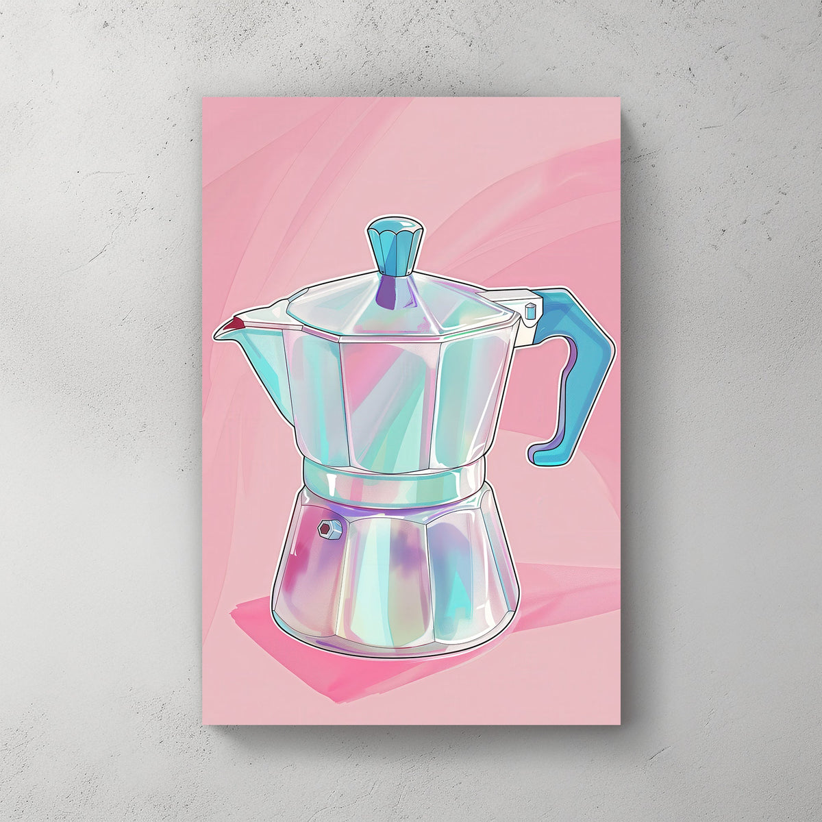 Minimalist digital wall art print of a Moka pot or Caffettiera in pastel hues on a soft pink background, highlighting a modern and stylish interpretation of classic coffee culture.