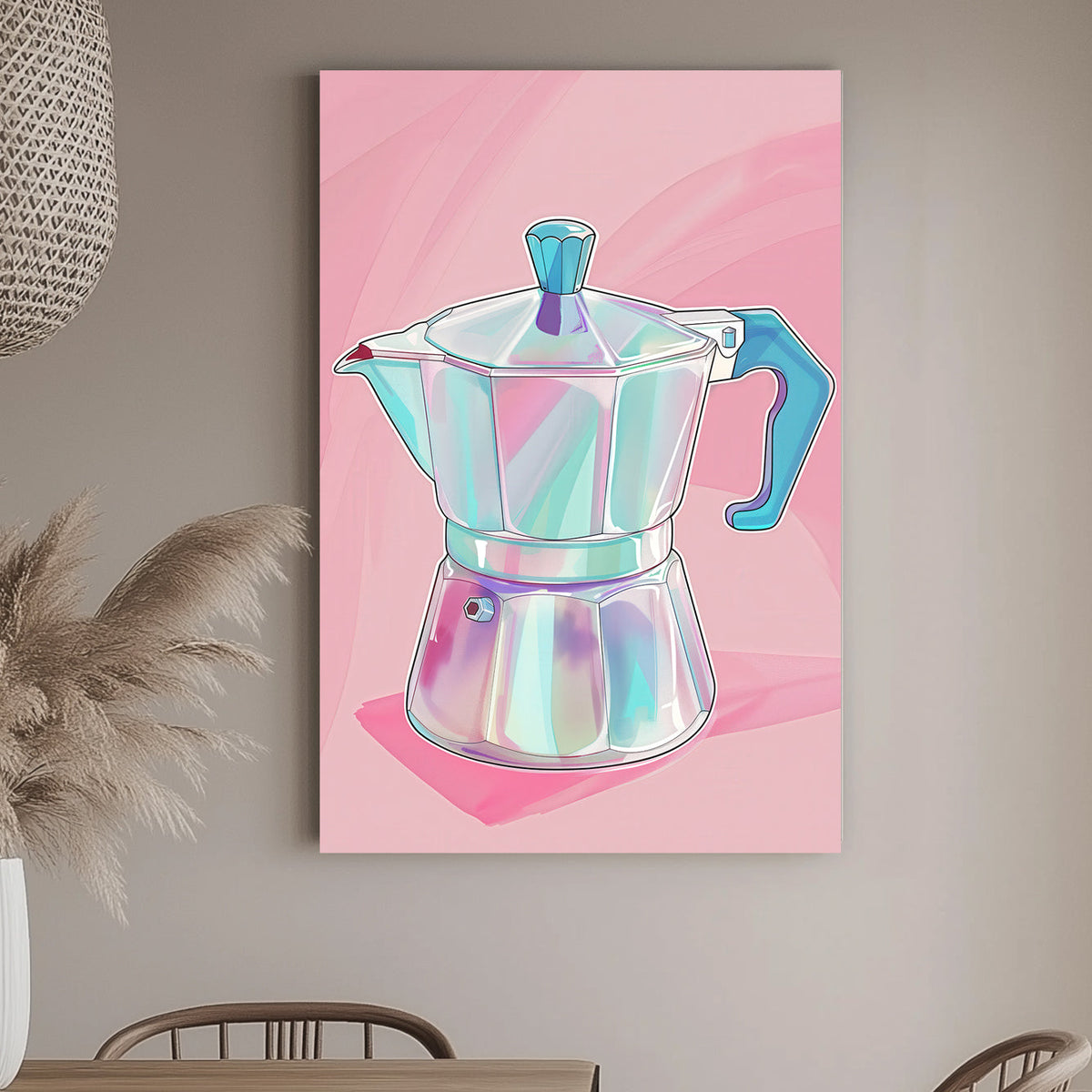 Minimalist digital wall art print of a Moka pot or Caffettiera in pastel hues on a soft pink background, highlighting a modern and stylish interpretation of classic coffee culture.