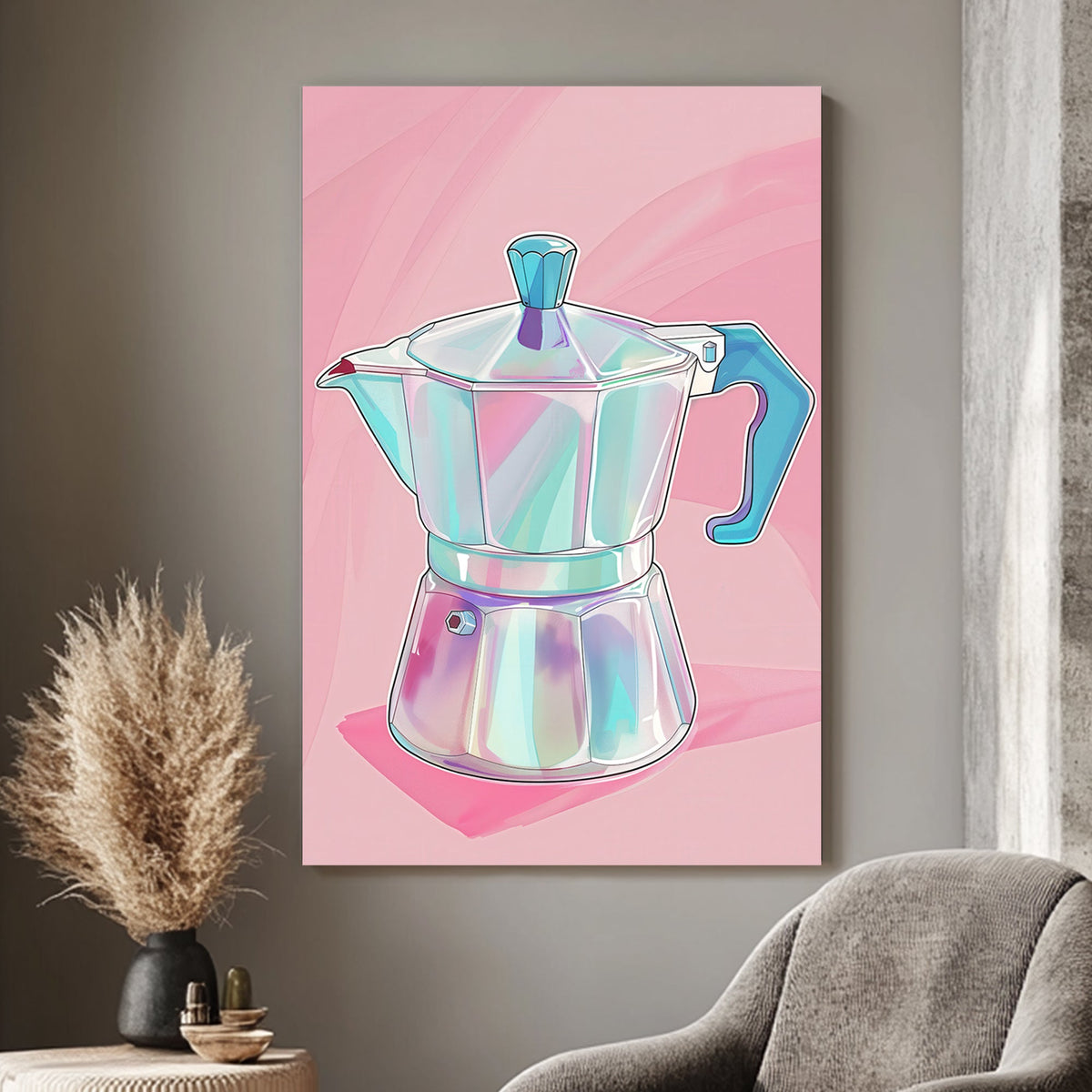 Minimalist digital wall art print of a Moka pot or Caffettiera in pastel hues on a soft pink background, highlighting a modern and stylish interpretation of classic coffee culture.