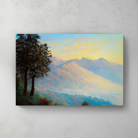 Impressionistic wall art print of a mountain range at sunrise, with textured brushstrokes in gold, amber, and cool blues, ideal for adding a serene natural element to any space.