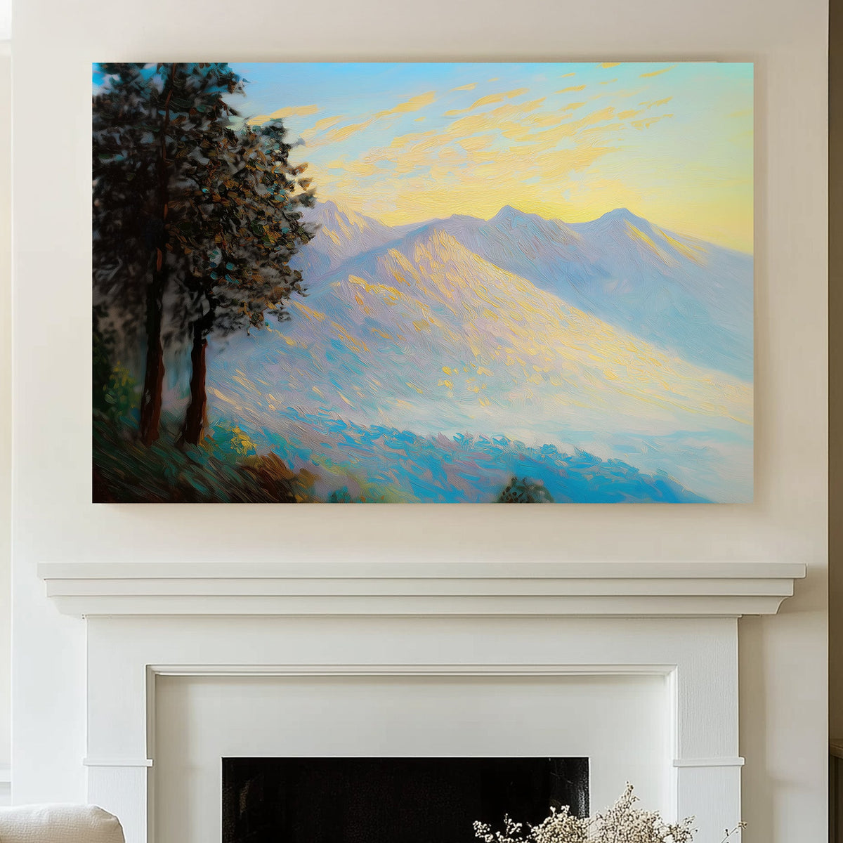 Impressionistic wall art print of a mountain range at sunrise, with textured brushstrokes in gold, amber, and cool blues, ideal for adding a serene natural element to any space.