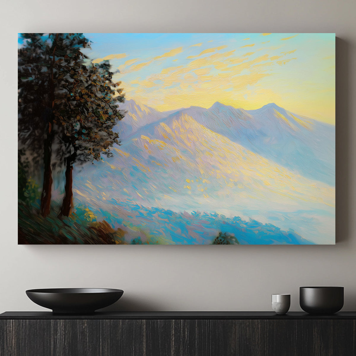 Impressionistic wall art print of a mountain range at sunrise, with textured brushstrokes in gold, amber, and cool blues, ideal for adding a serene natural element to any space.