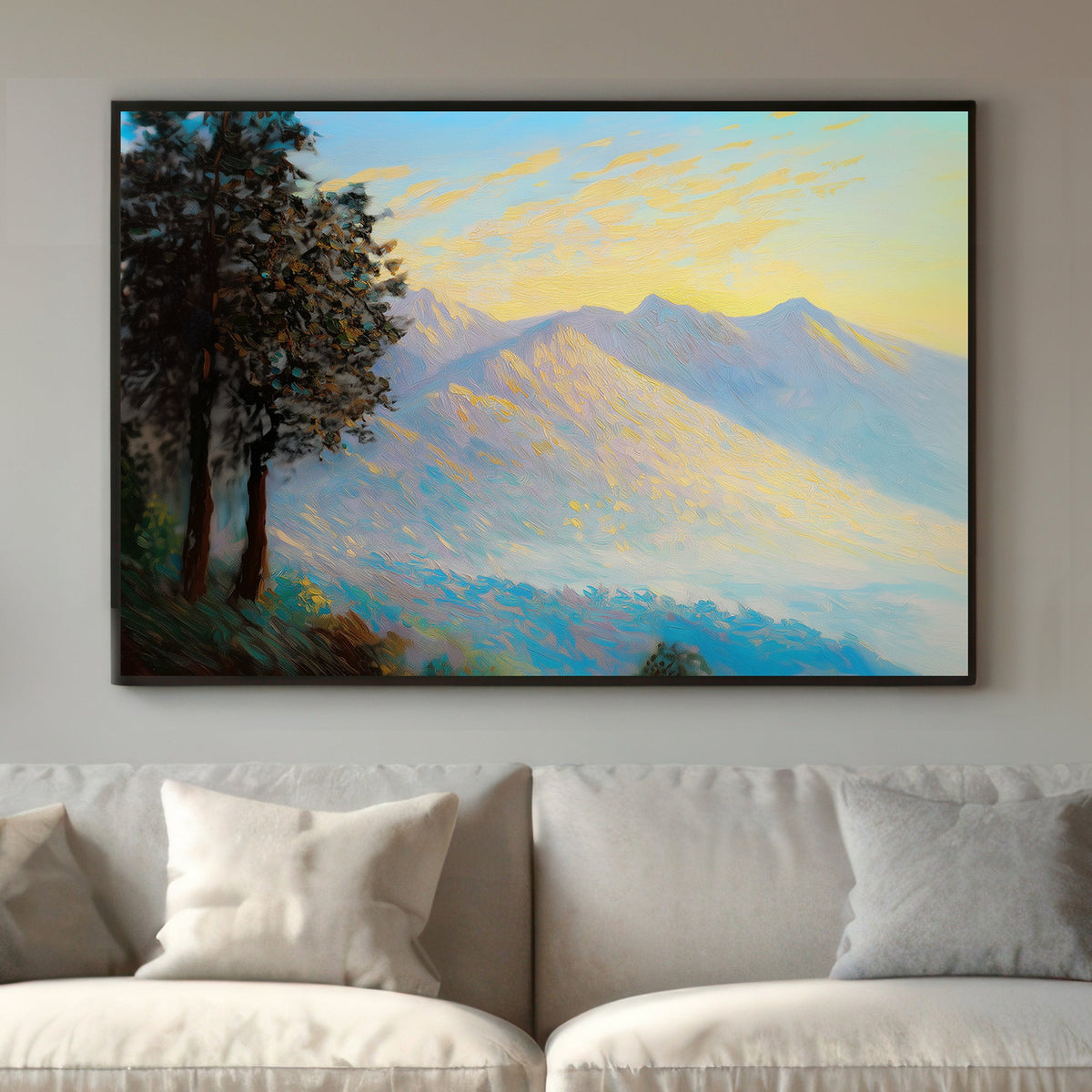 Impressionistic wall art print of a mountain range at sunrise, with textured brushstrokes in gold, amber, and cool blues, ideal for adding a serene natural element to any space.