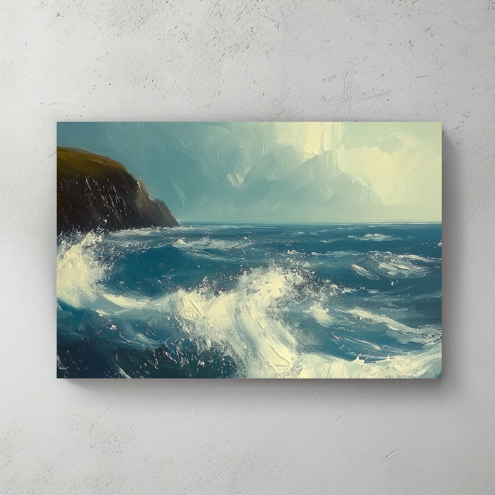 Impressionistic wall art print of a stormy sea crashing against a dark cliff, with dynamic blue and white brushstrokes creating a sense of movement and power, perfect for evoking the awe of nature in any setting.