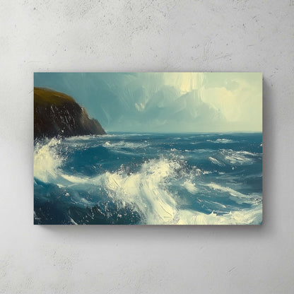 Impressionistic wall art print of a stormy sea crashing against a dark cliff, with dynamic blue and white brushstrokes creating a sense of movement and power, perfect for evoking the awe of nature in any setting.