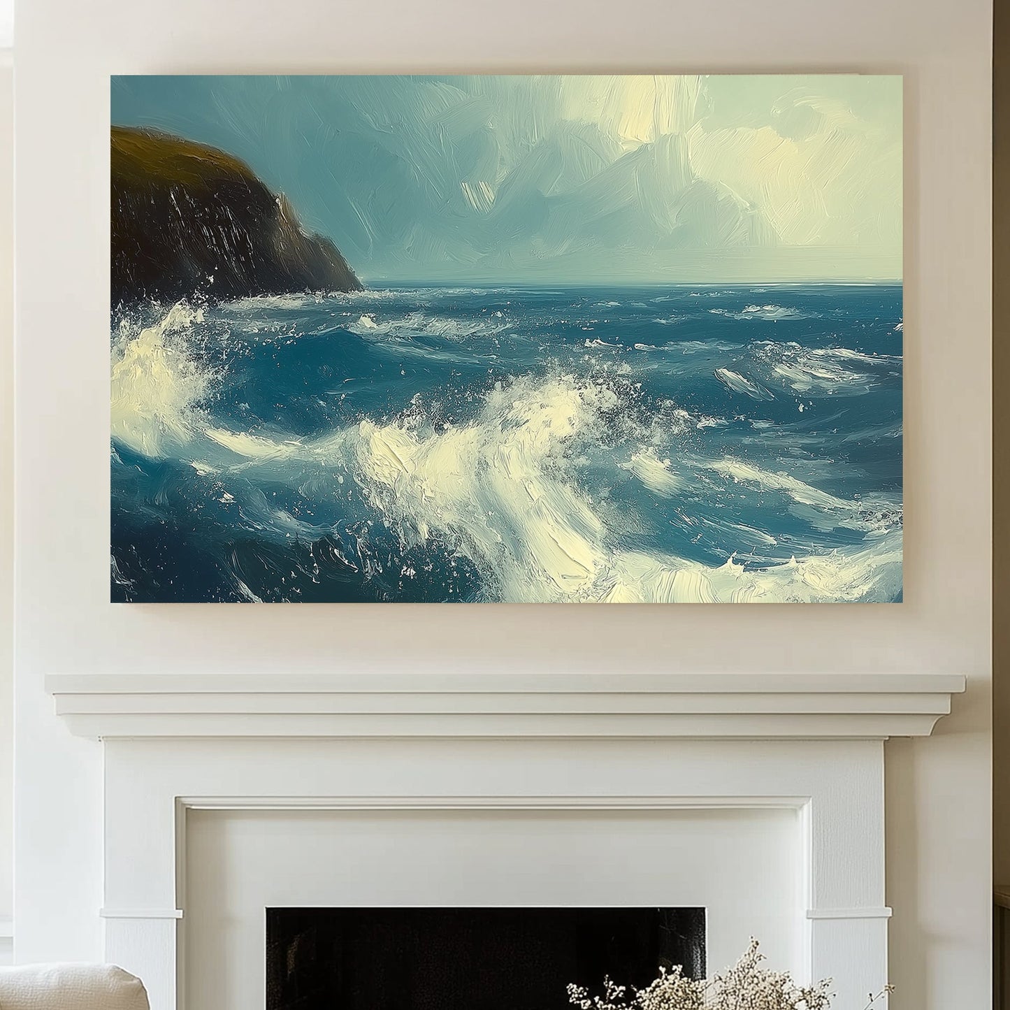 Impressionistic wall art print of a stormy sea crashing against a dark cliff, with dynamic blue and white brushstrokes creating a sense of movement and power, perfect for evoking the awe of nature in any setting.