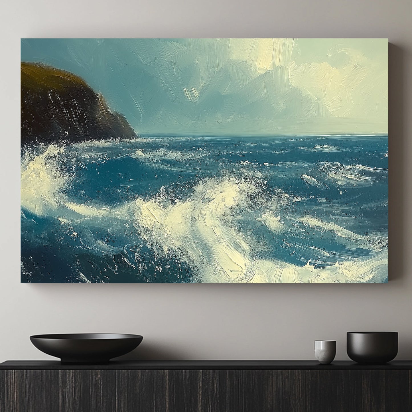 Impressionistic wall art print of a stormy sea crashing against a dark cliff, with dynamic blue and white brushstrokes creating a sense of movement and power, perfect for evoking the awe of nature in any setting.