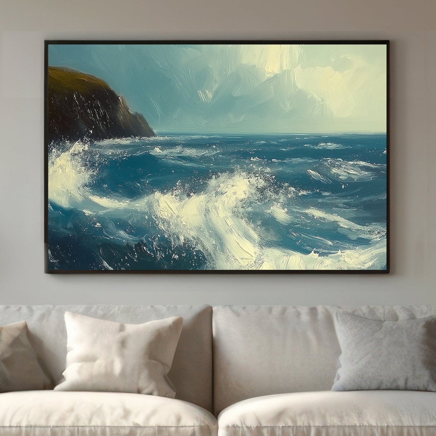 Impressionistic wall art print of a stormy sea crashing against a dark cliff, with dynamic blue and white brushstrokes creating a sense of movement and power, perfect for evoking the awe of nature in any setting.