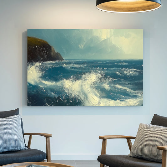 Impressionistic wall art print of a stormy sea crashing against a dark cliff, with dynamic blue and white brushstrokes creating a sense of movement and power, perfect for evoking the awe of nature in any setting.