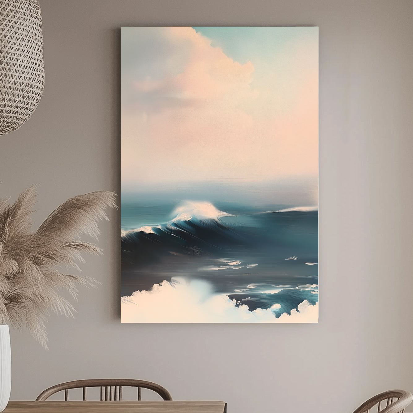 Minimalist seascape wall art print featuring soft, serene waves in shades of blue and white, evoking calm and tranquility, ideal for creating a peaceful atmosphere in any space.