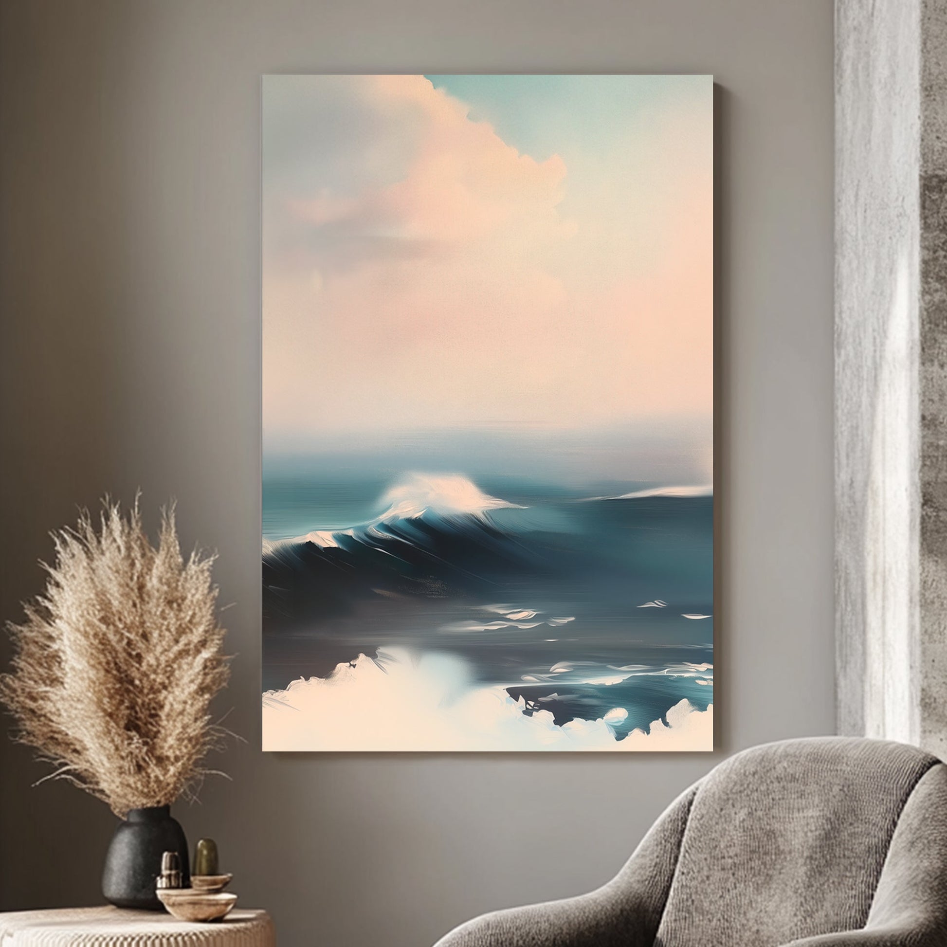 Minimalist seascape wall art print featuring soft, serene waves in shades of blue and white, evoking calm and tranquility, ideal for creating a peaceful atmosphere in any space.