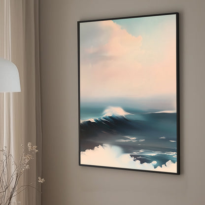 Minimalist seascape wall art print featuring soft, serene waves in shades of blue and white, evoking calm and tranquility, ideal for creating a peaceful atmosphere in any space.