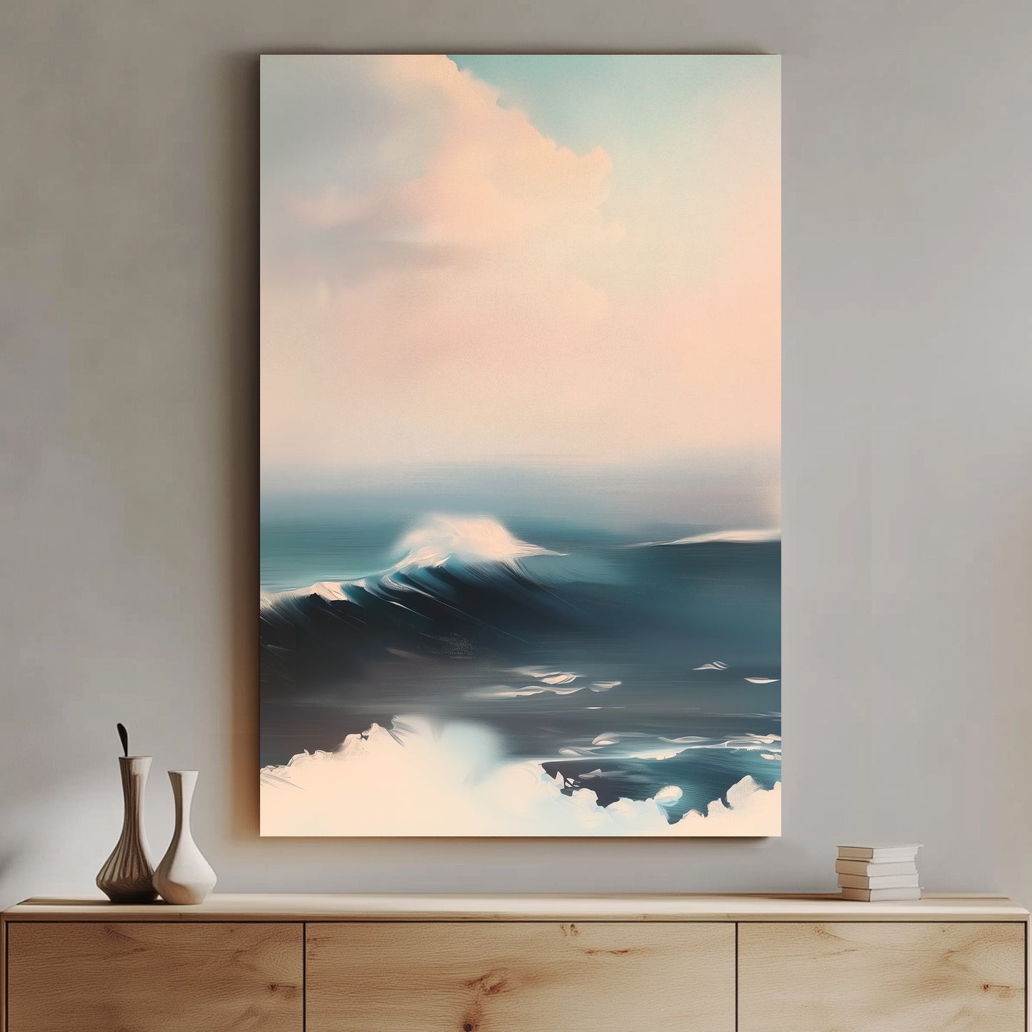 Minimalist seascape wall art print featuring soft, serene waves in shades of blue and white, evoking calm and tranquility, ideal for creating a peaceful atmosphere in any space.