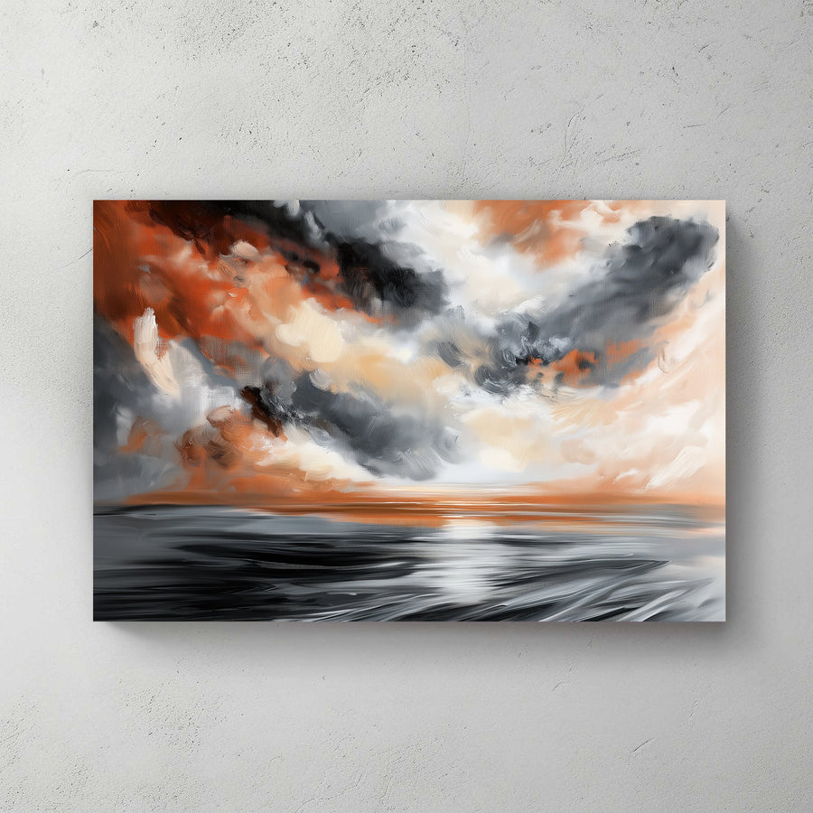 Abstract expressionist wall art print of a stormy sky with swirling clouds in shades of grey, black, and orange over a serene water body, reflecting the powerful yet beautiful nature of a storm.