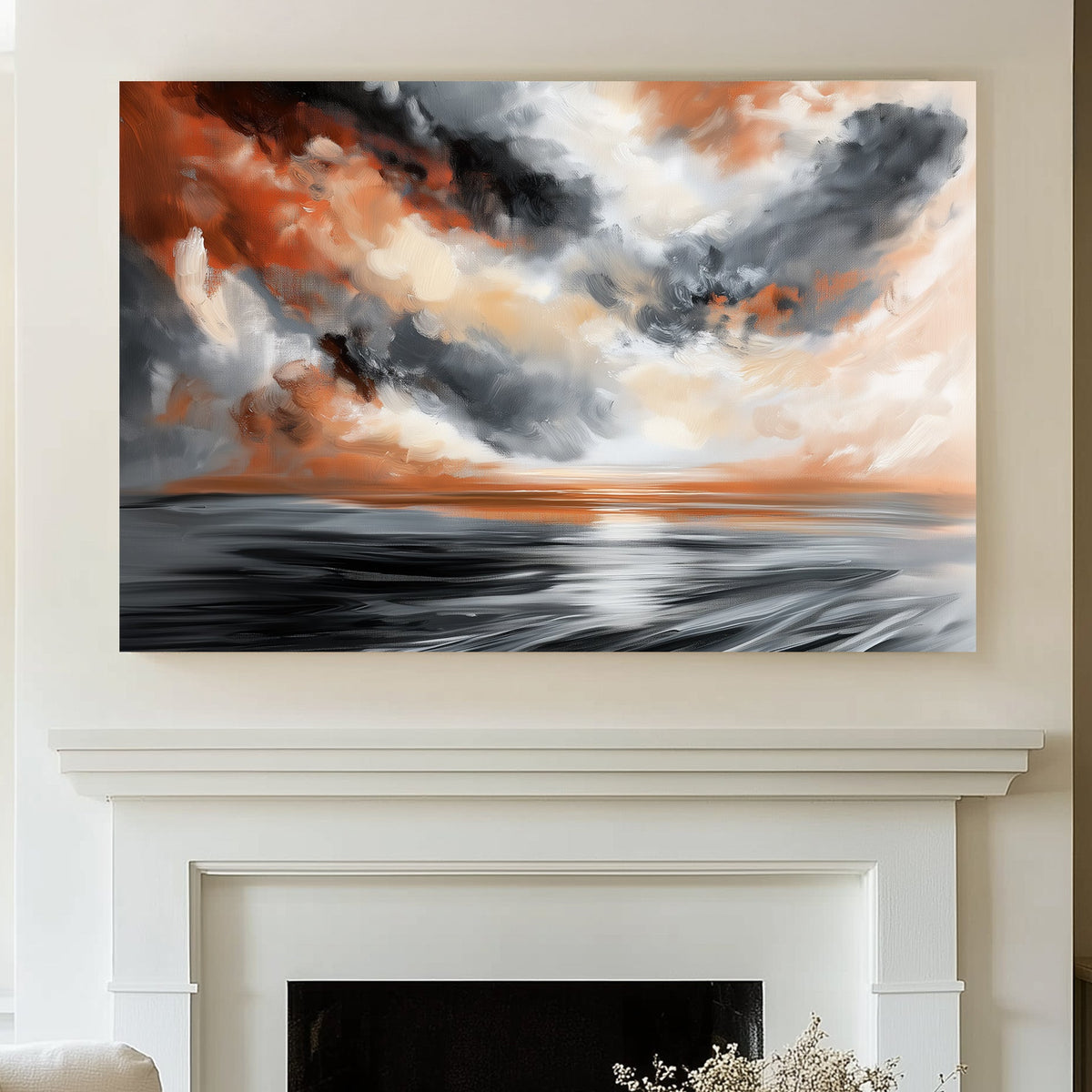 Abstract expressionist wall art print of a stormy sky with swirling clouds in shades of grey, black, and orange over a serene water body, reflecting the powerful yet beautiful nature of a storm.