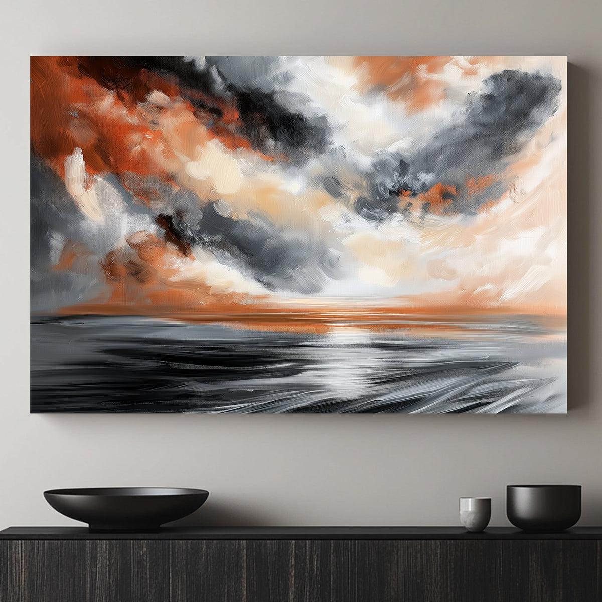 Abstract expressionist wall art print of a stormy sky with swirling clouds in shades of grey, black, and orange over a serene water body, reflecting the powerful yet beautiful nature of a storm.