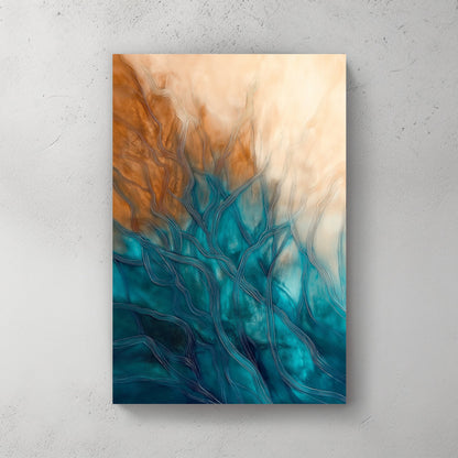 Abstract wall art print featuring sinuous lines in teal and bronze, suggesting the rhythmic patterns of underwater currents and plant life against a soft, golden backdrop.