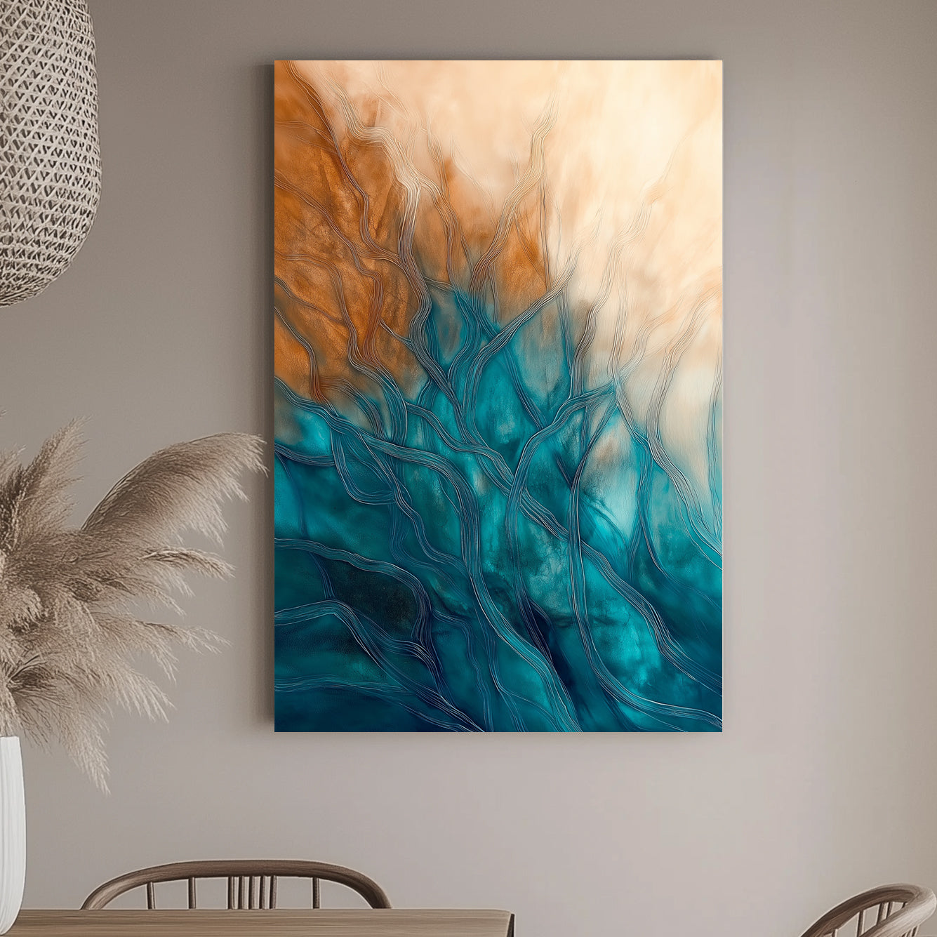 Abstract wall art print featuring sinuous lines in teal and bronze, suggesting the rhythmic patterns of underwater currents and plant life against a soft, golden backdrop.