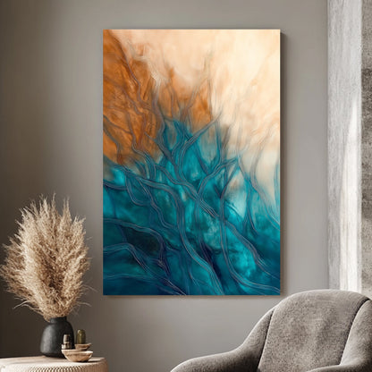 Abstract wall art print featuring sinuous lines in teal and bronze, suggesting the rhythmic patterns of underwater currents and plant life against a soft, golden backdrop.