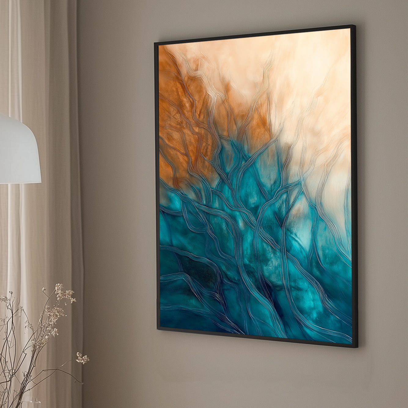 Abstract wall art print featuring sinuous lines in teal and bronze, suggesting the rhythmic patterns of underwater currents and plant life against a soft, golden backdrop.