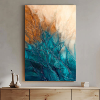 Abstract wall art print featuring sinuous lines in teal and bronze, suggesting the rhythmic patterns of underwater currents and plant life against a soft, golden backdrop.