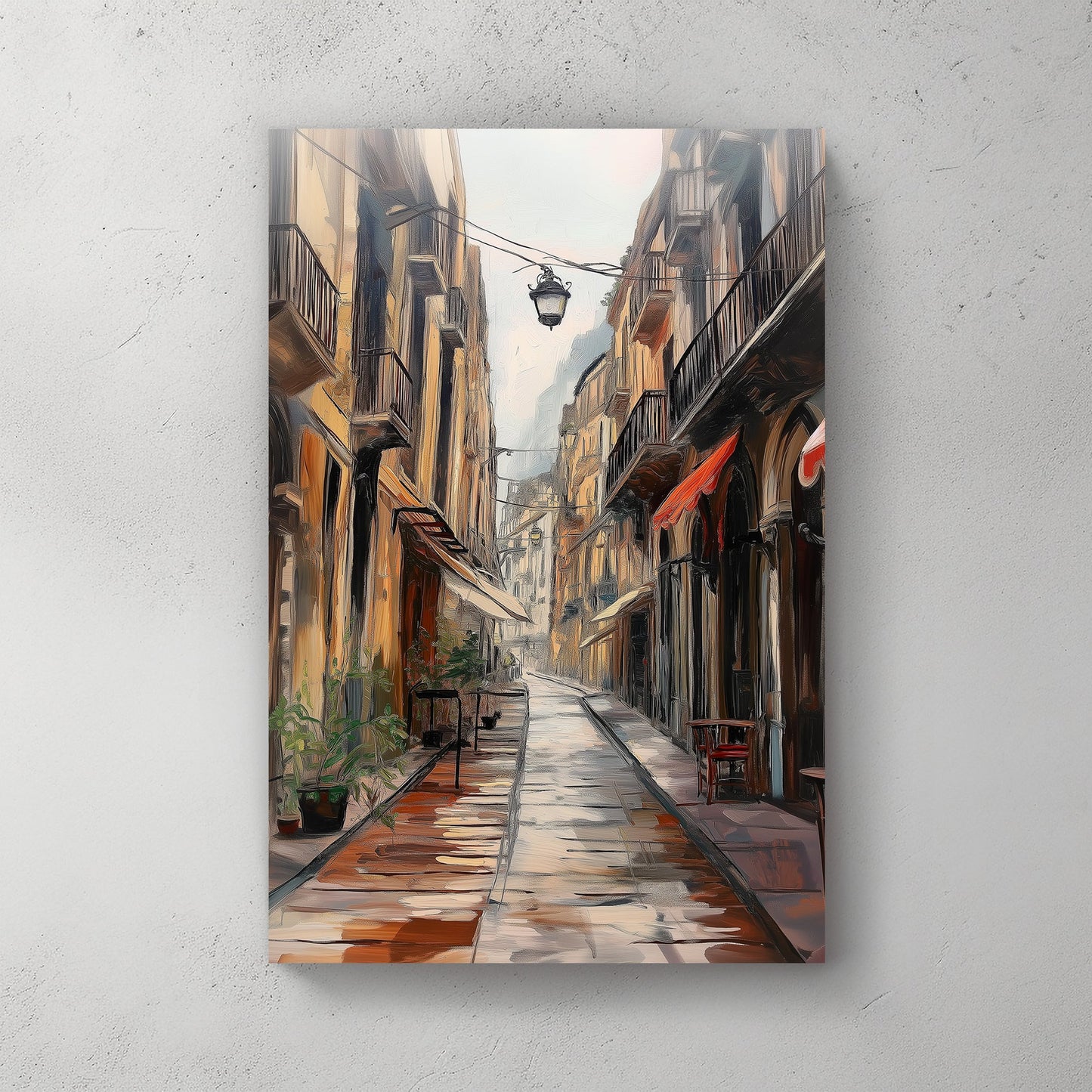 Oil wall art print of a narrow city alley with tall buildings, wet cobblestone streets reflecting light, and small balconies adorned with plants, under a hazy sky.