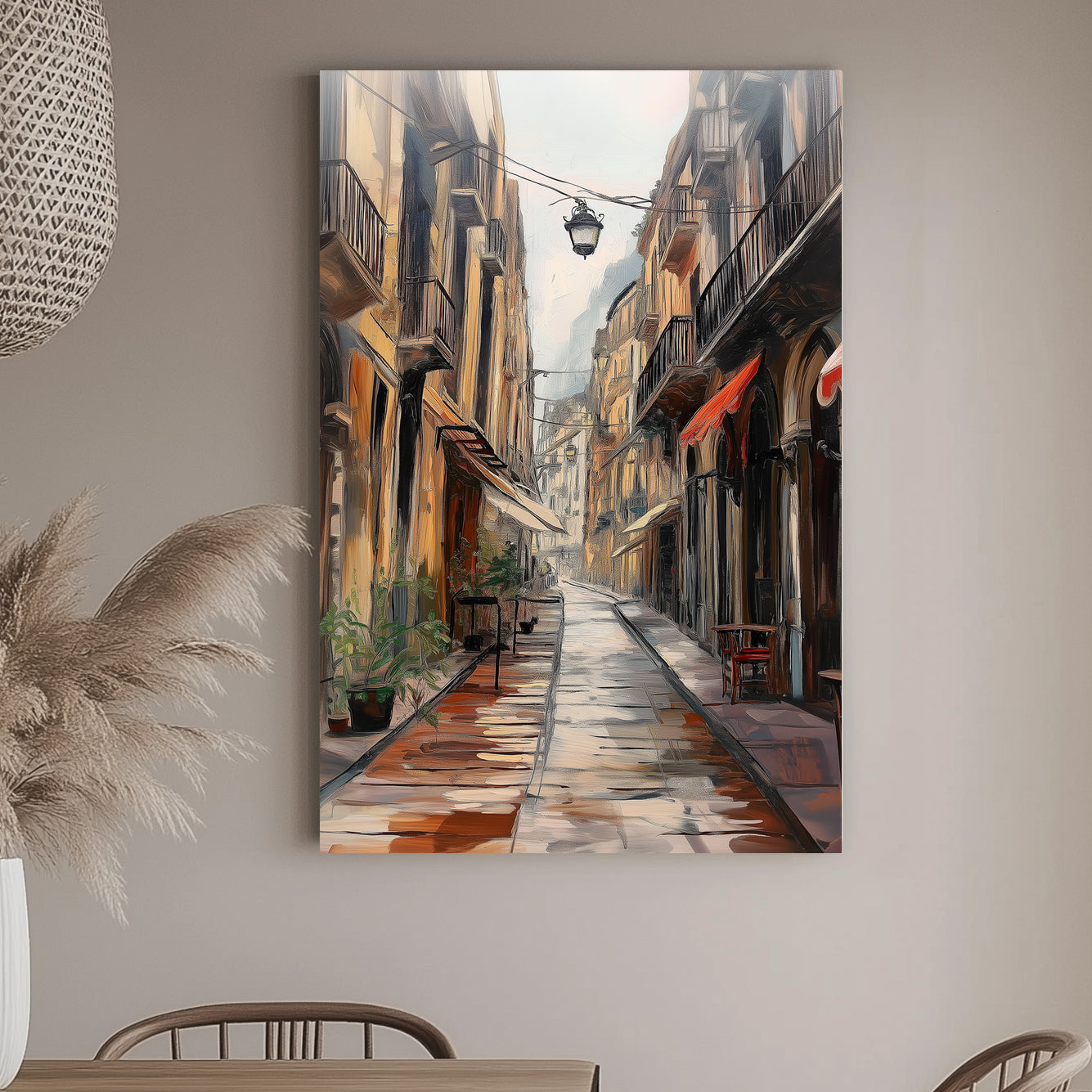 Oil wall art print of a narrow city alley with tall buildings, wet cobblestone streets reflecting light, and small balconies adorned with plants, under a hazy sky.