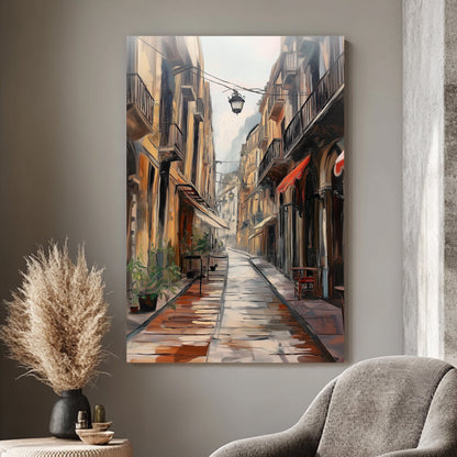 Oil wall art print of a narrow city alley with tall buildings, wet cobblestone streets reflecting light, and small balconies adorned with plants, under a hazy sky.