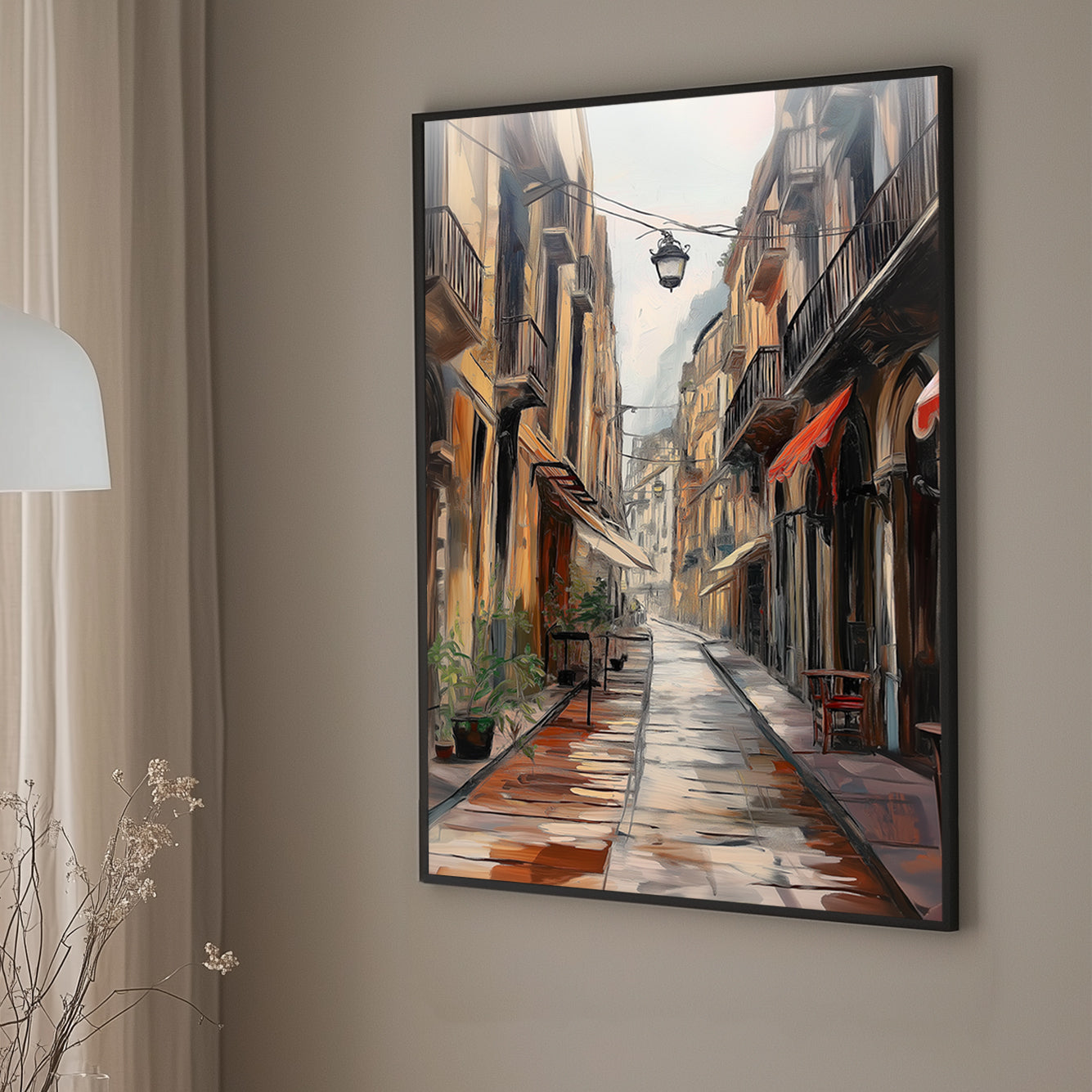 Oil wall art print of a narrow city alley with tall buildings, wet cobblestone streets reflecting light, and small balconies adorned with plants, under a hazy sky.