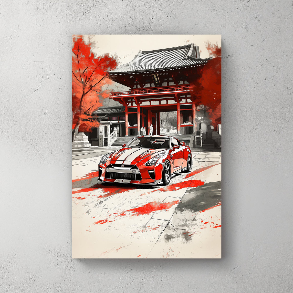 A red Nissan GTR with white stripes parked in front of a traditional Japanese temple with vibrant red leaves, blending modern automotive design with ancient architectural elegance.