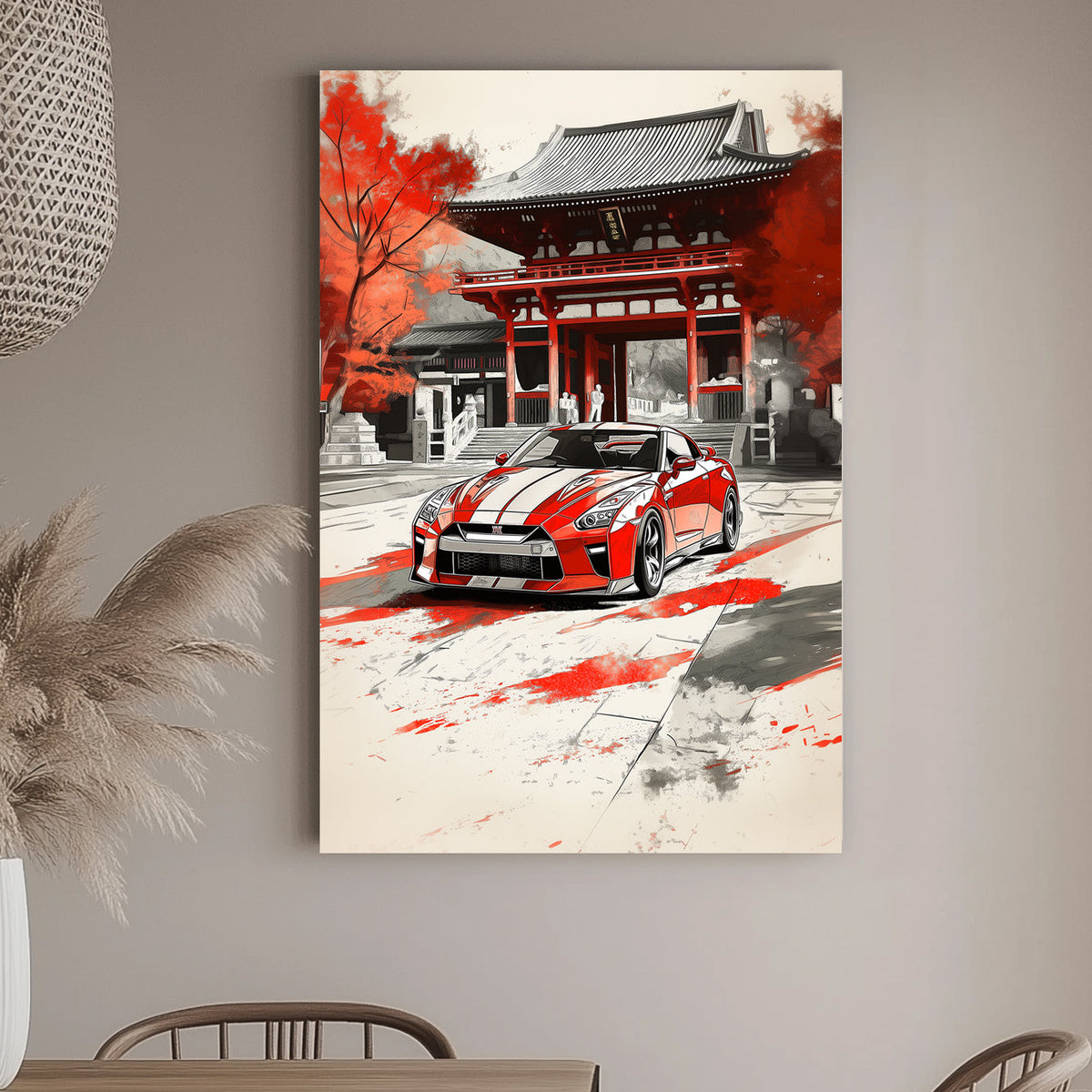 A red Nissan GTR with white stripes parked in front of a traditional Japanese temple with vibrant red leaves, blending modern automotive design with ancient architectural elegance.