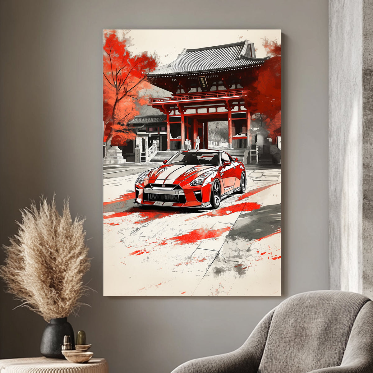 A red Nissan GTR with white stripes parked in front of a traditional Japanese temple with vibrant red leaves, blending modern automotive design with ancient architectural elegance.