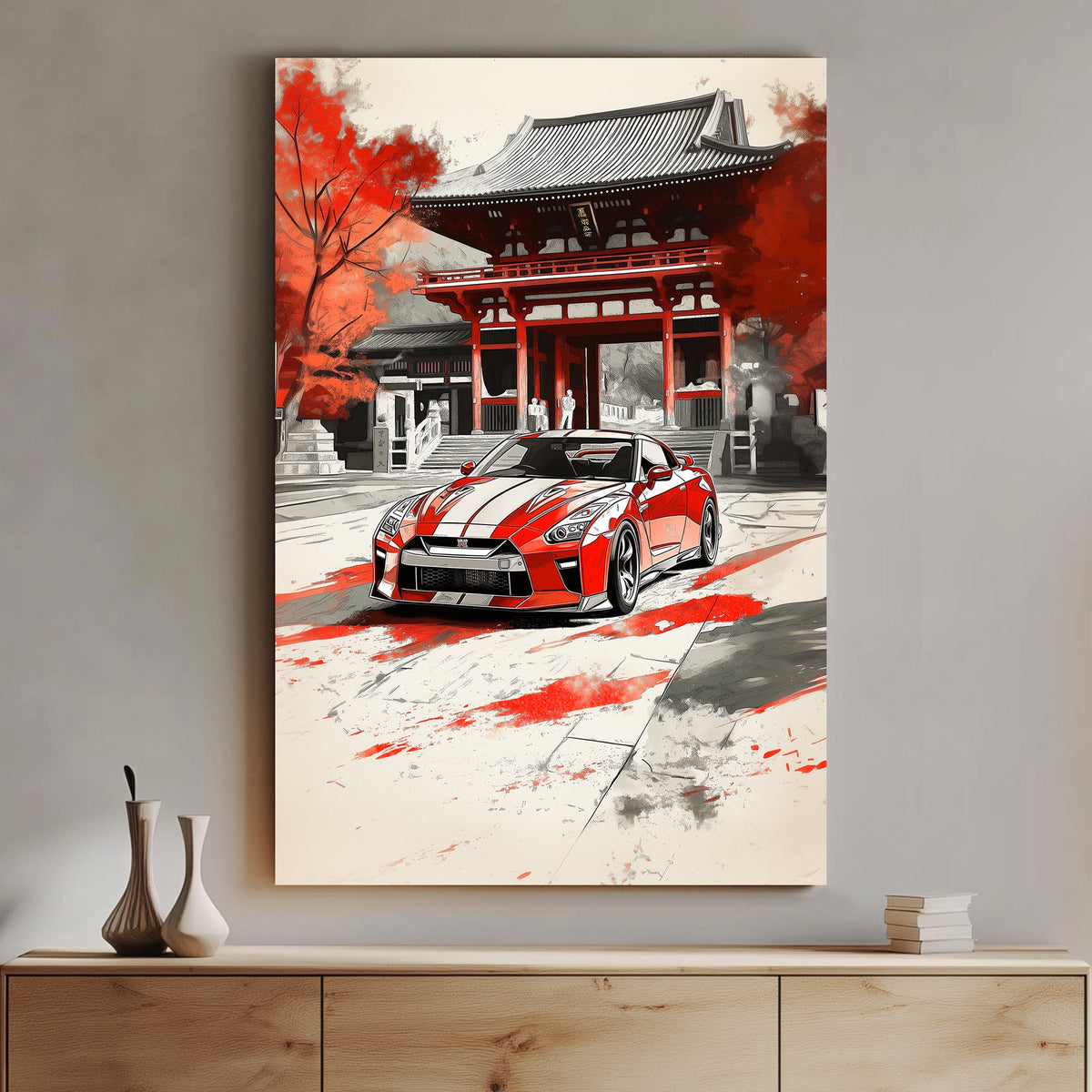 A red Nissan GTR with white stripes parked in front of a traditional Japanese temple with vibrant red leaves, blending modern automotive design with ancient architectural elegance.