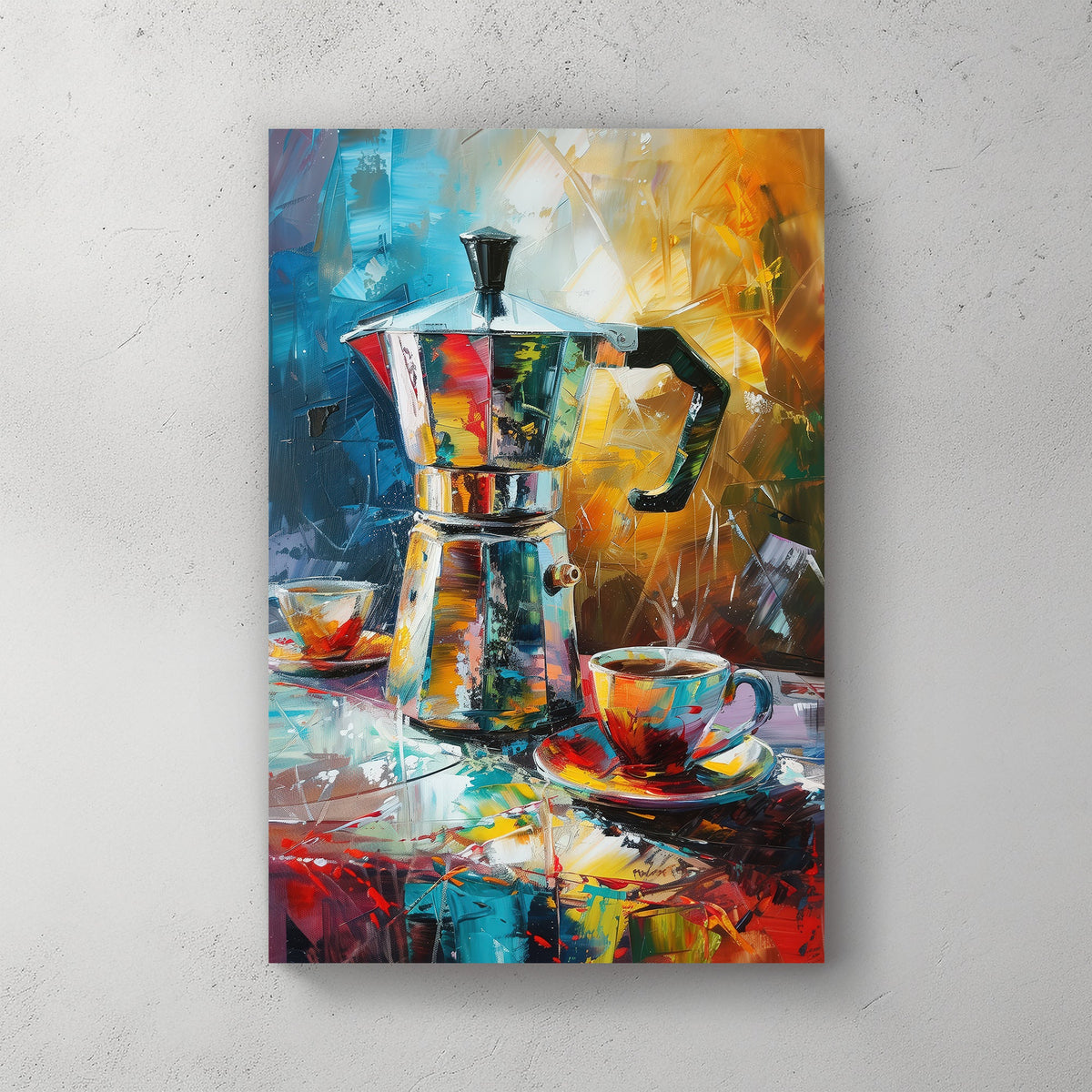 A moka pot and two colourful coffee cups depicted in a vivid abstract wall art print, with dynamic brushstrokes and radiant tones capturing the essence of a lively morning.