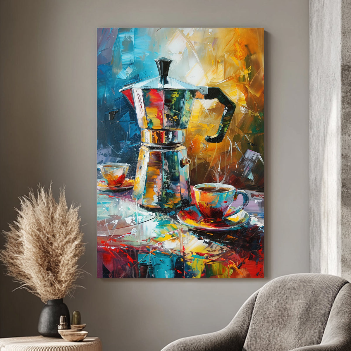 A moka pot and two colourful coffee cups depicted in a vivid abstract wall art print, with dynamic brushstrokes and radiant tones capturing the essence of a lively morning.