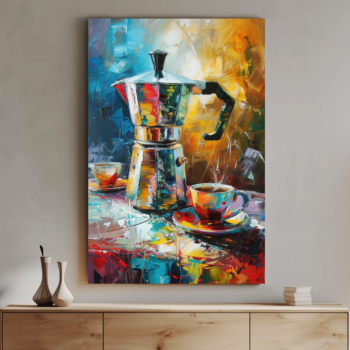 A moka pot and two colourful coffee cups depicted in a vivid abstract wall art print, with dynamic brushstrokes and radiant tones capturing the essence of a lively morning.