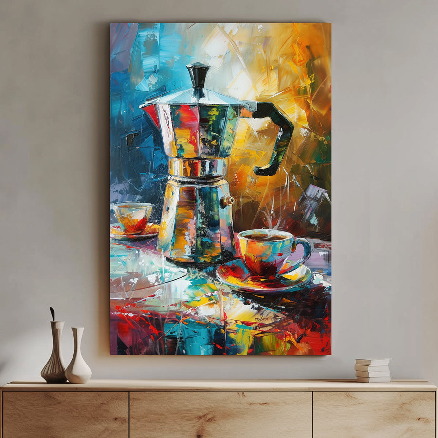 A moka pot and two colourful coffee cups depicted in a vivid abstract wall art print, with dynamic brushstrokes and radiant tones capturing the essence of a lively morning.