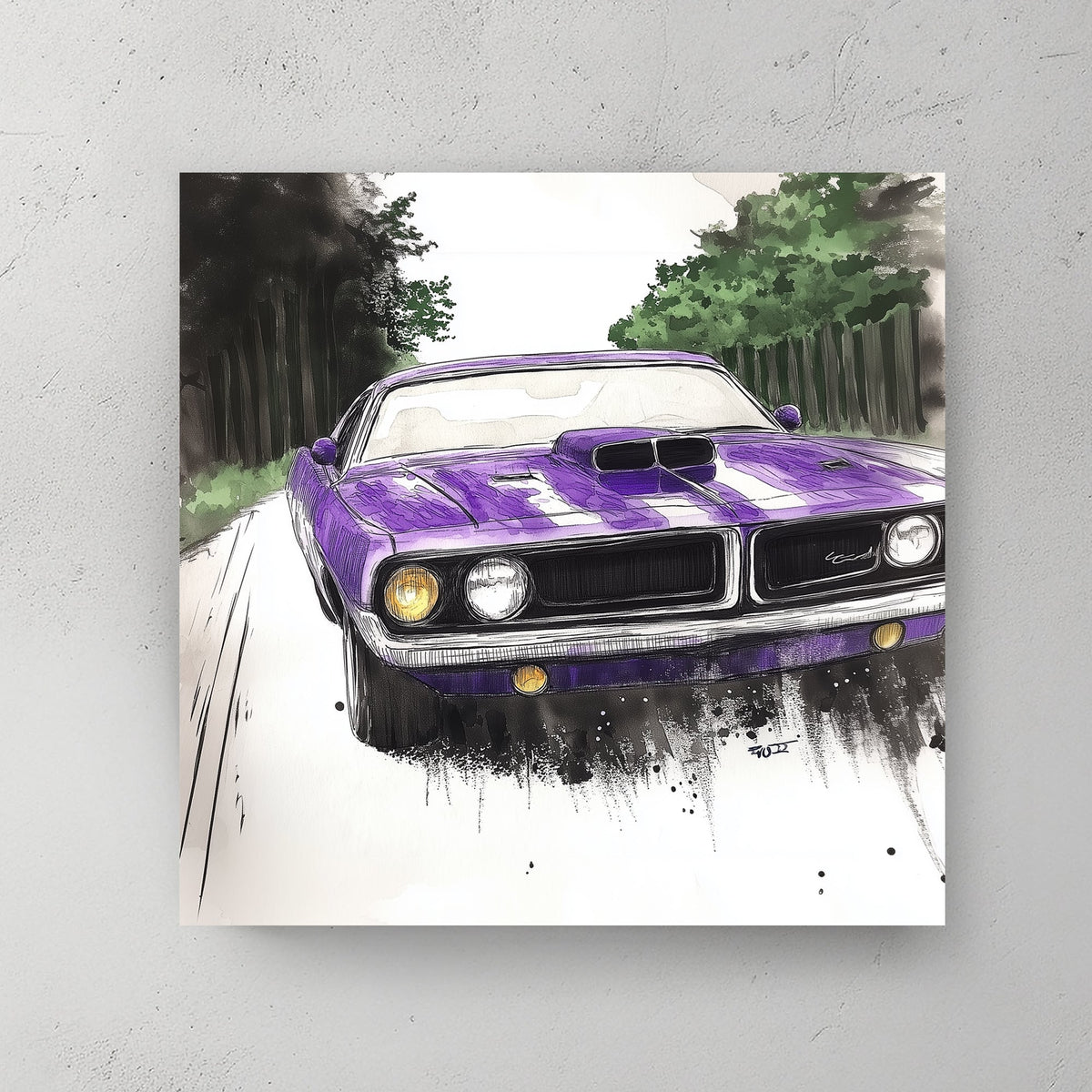 A vibrant purple muscle car depicted with detailed ink and watercolour techniques, set against a tree-lined road background. The wall art print captures the dynamic energy of motion and classic car design.