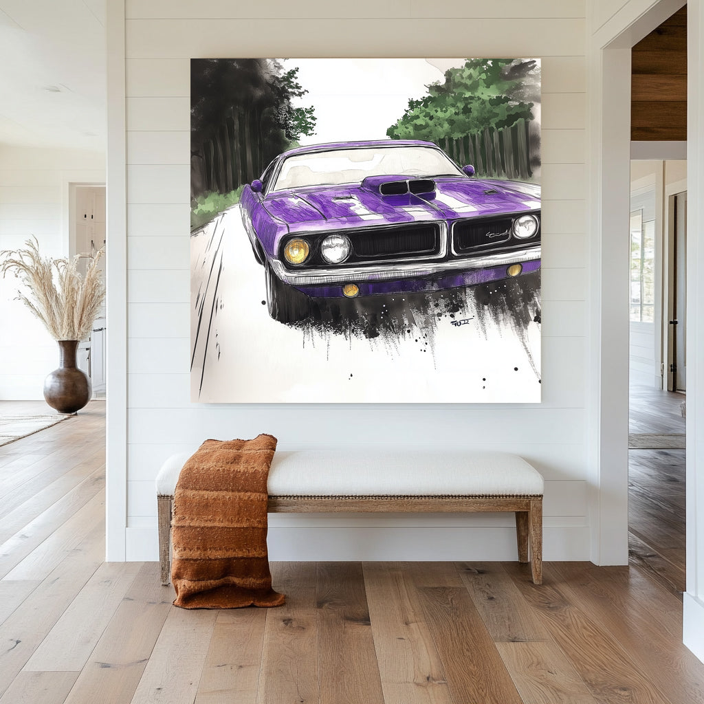 A vibrant purple muscle car depicted with detailed ink and watercolour techniques, set against a tree-lined road background. The wall art print captures the dynamic energy of motion and classic car design.