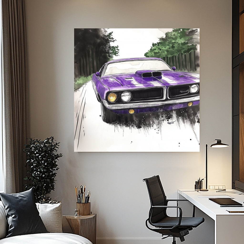 A vibrant purple muscle car depicted with detailed ink and watercolour techniques, set against a tree-lined road background. The wall art print captures the dynamic energy of motion and classic car design.