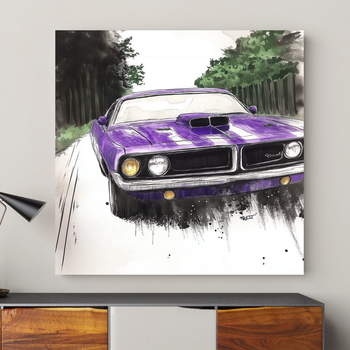 A vibrant purple muscle car depicted with detailed ink and watercolour techniques, set against a tree-lined road background. The wall art print captures the dynamic energy of motion and classic car design.