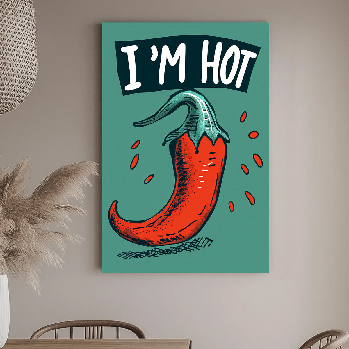 A vibrant cartoon-style red chilli pepper with seeds, paired with the playful caption “I’m Hot,” set against a teal background. Fun and bold design for quirky spaces.