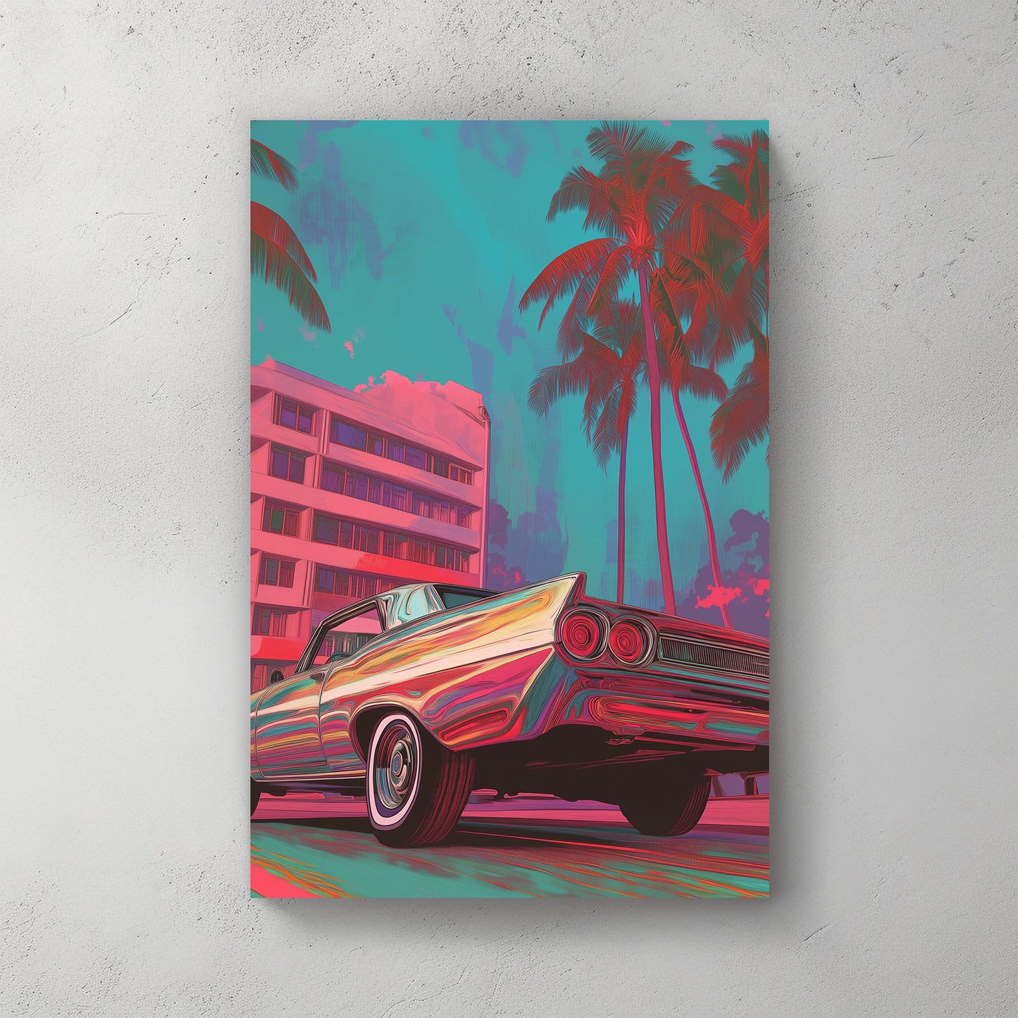 A retro-styled classic car in vivid neon hues parked under palm trees with pastel Miami architecture in the background. Bold and vibrant cityscape art with vintage vibes.