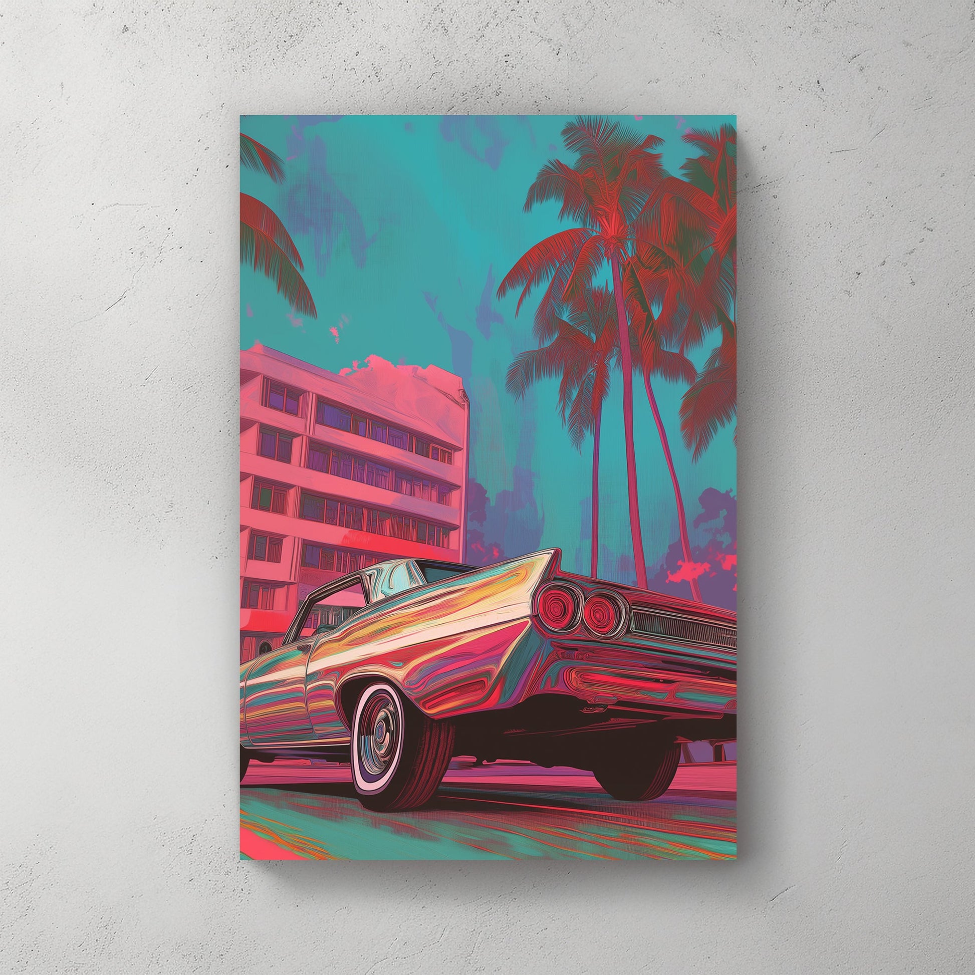 A retro-styled classic car in vivid neon hues parked under palm trees with pastel Miami architecture in the background. Bold and vibrant cityscape art with vintage vibes.